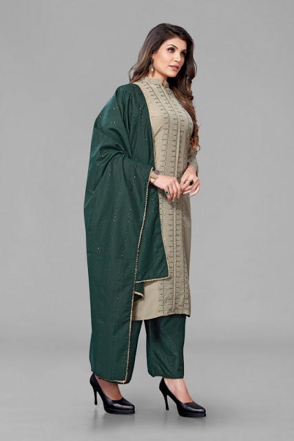 Grey Embroidered Kurta With Palazzo and Dupatta