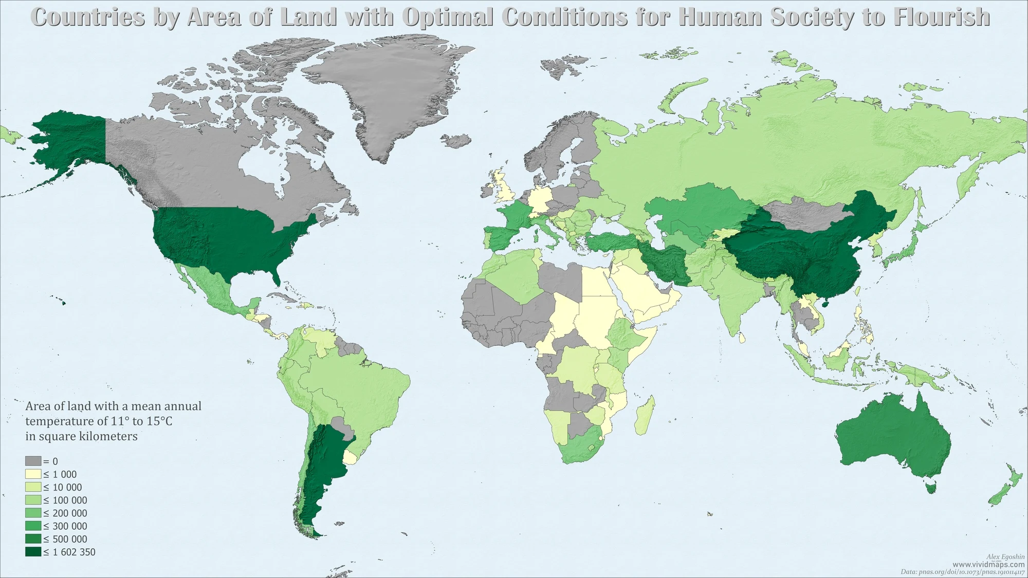 Countries by area of land with optimal conditions for human society to flourish