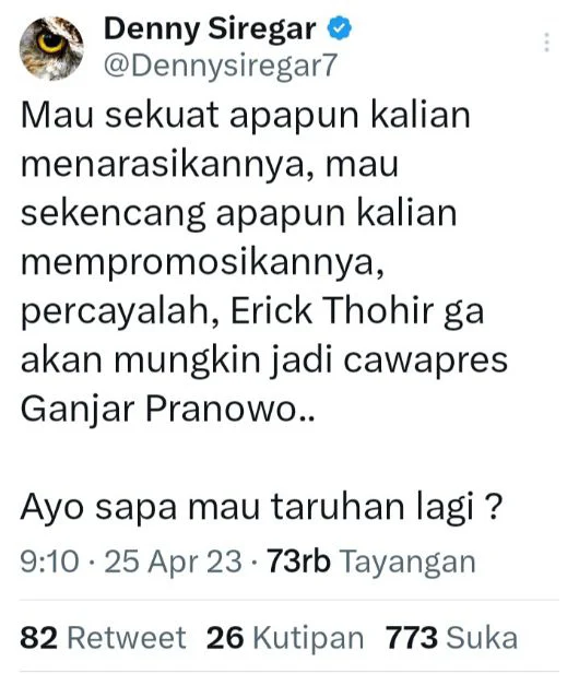 Denny Siregar: Erick Thohir Ga Akan Mungkin jadi Cawapres Ganjar Pranowo..