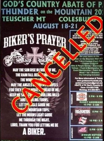 8-18/19/20/21 Thunder on the Mountain, Colesburg, PA CANCELLED