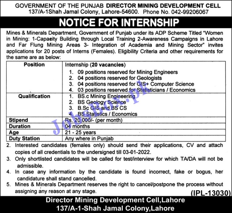 Mines & Minerals Department Punjab Internship Program 2022 in Pakistan