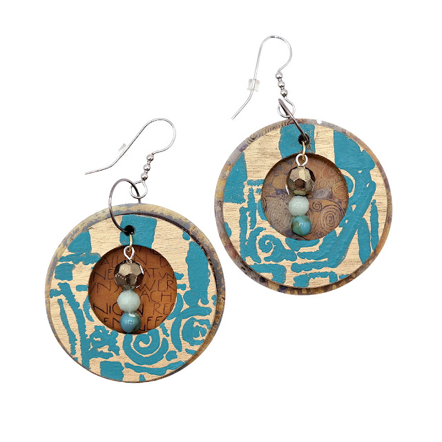 Stenciled Gustav Klimt Inspired Art Nouveau Wood Veneer Hollow Circle Earrings