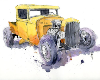 watercolor sketch hot rod pickup Ford