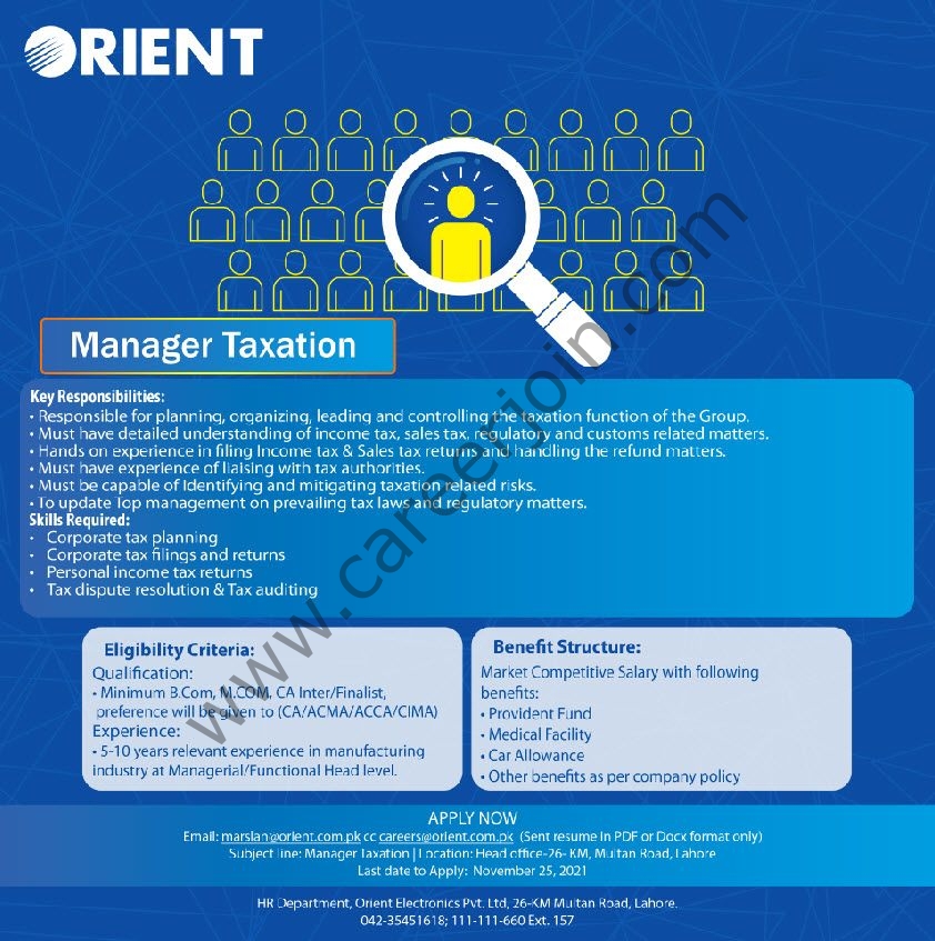 Orient Group Of Companies Jobs Manager Taxation