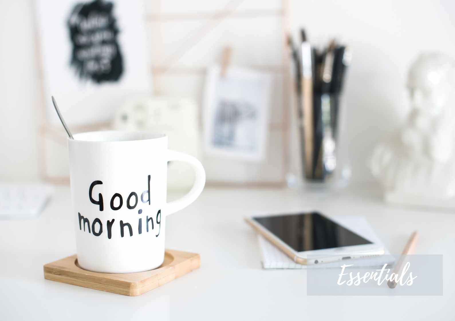 Tools for Home Office or Personal Use, good morning coffee mug, table with phone and mug