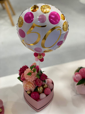 Elegant Balloon & Flowers Hat Box display by Sue Bowler CBA