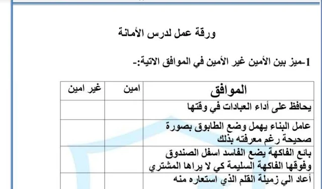 ورقة عمل الأمانة الصف الثاني