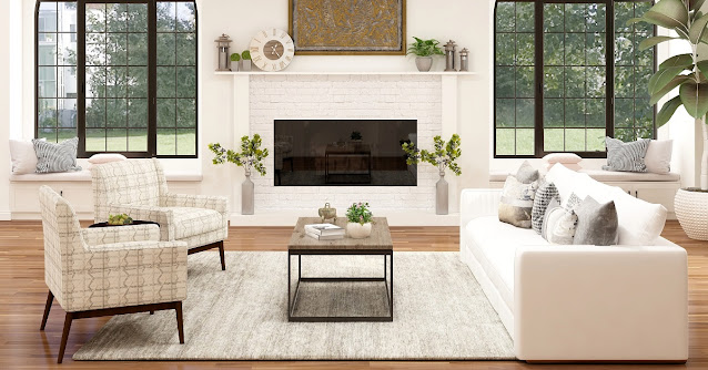 Recessed electric fireplace in living room.