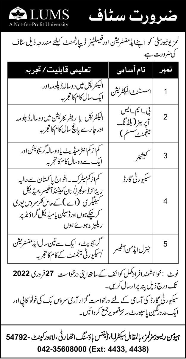 LAHORE UNIVERSITY OF MANAGEMENT SCIENCES (LUMS) JOBS 2022