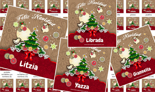 hermosas tarjetas con diseños navideños mensaje de feliz Navidad y nombres de mujeres y hombres