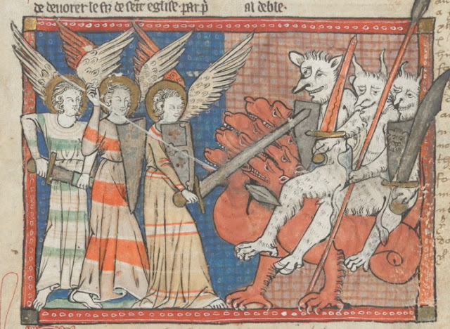 Seven-headed dragon, Devil, in BL Add MS 18633, Apocalypse, manuscript