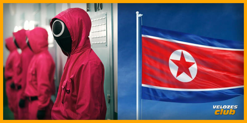 Na imagem vemos personagens da série Round 6 do lado esquerdo e à direita a bandeira da Coreia do Norte.
