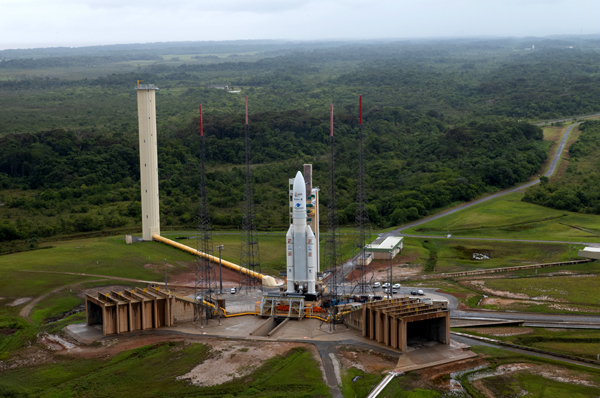 The Ariane 5 rocket carrying NASA's James Webb Space Telescope sits on its launch pad at Europe’s Spaceport in French Guiana...on December 23, 2021.