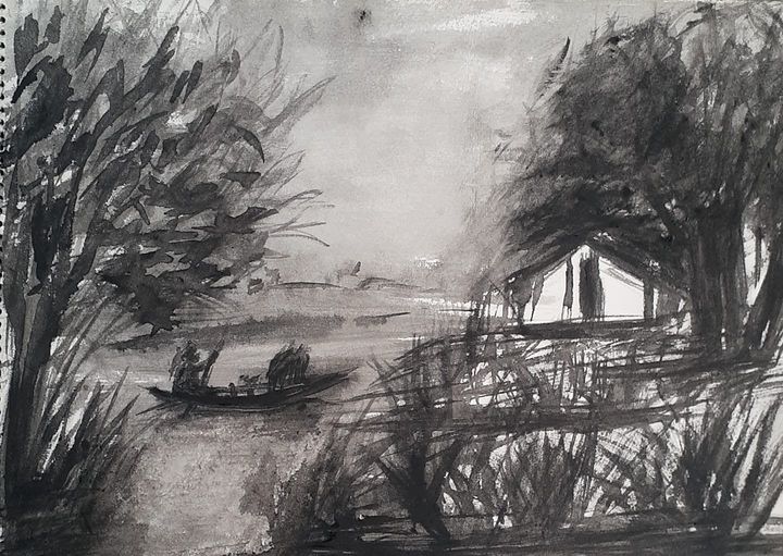 village scenery pencil drawing - village picture drawing