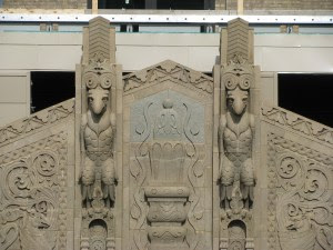 Neighboring building detail (two eagles) taken from roof of MDA City Apartments in Chicago, Illinois