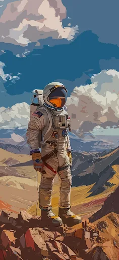 iPhone wallpaper depicting a detailed illustration of an astronaut in a spacesuit standing on rocky terrain with a backdrop of majestic mountains under a clear blue sky, invoking the spirit of exploration and adventure.