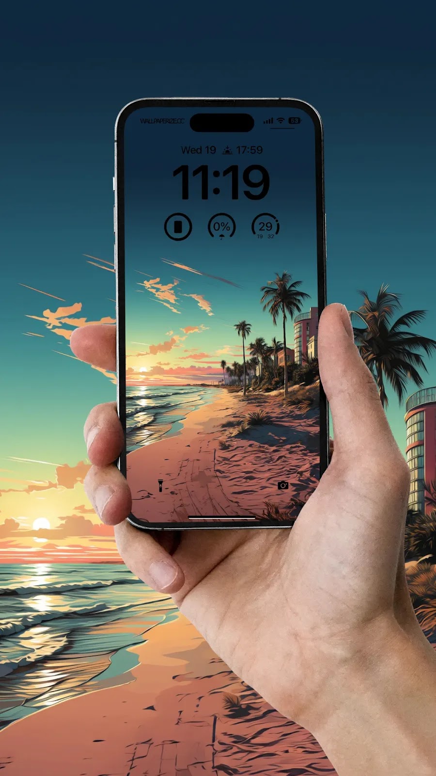 Hand holding a iphone with a serene beach sunset wallpaper.

