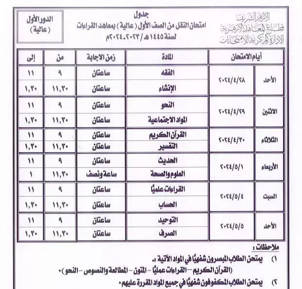 جداول امتحانات نهاية العام لجميع المراحل التعليمية .. بالمعاهد الأزهرية 2024