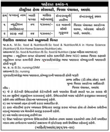 Maru Gujarat Job of DHS Anand Vacancy 2022 for Starr Nurse & Nutrition Assistant Posts - Staff Nurse Job in Anand