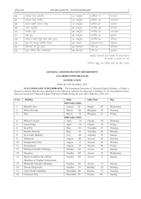 Delhi Holiday List Notification 2022