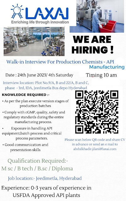 LAXAI Walk in Interview For API Manufacturing