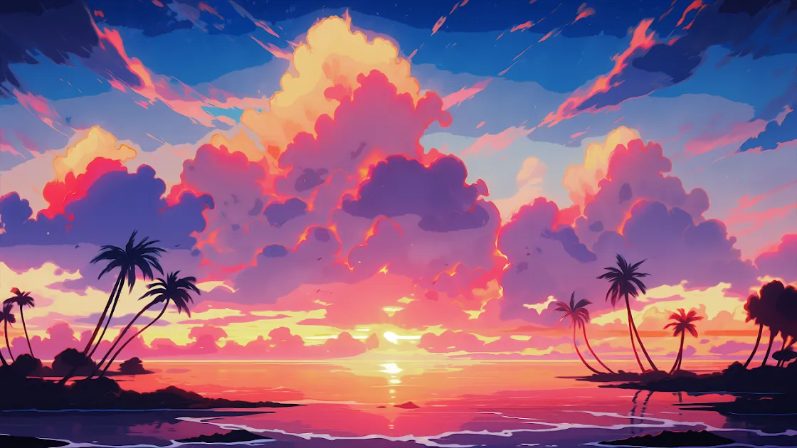 Tropical Pixel Paradise - Vibrant Sunset Beach illustration in Pixel Art Style