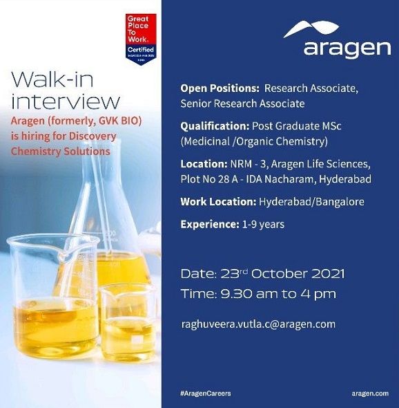 Aragen Life Sciences | Walk-in for Discovery/ Medicinal chemistry on 23rd Oct 2021