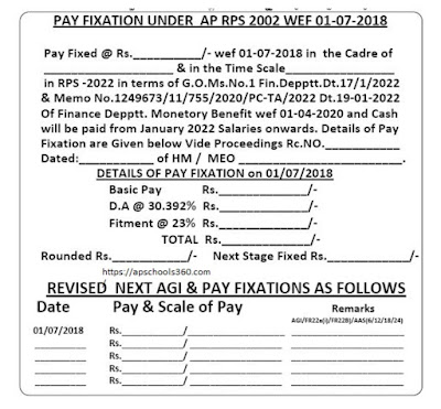 AP PRC 2022 Fixation SR Entry Model Stamp OPTION ENTRY, AP PRC 2022 Master Scales, AAS, DA %, Basic Pays, Fixation Proforma, School / Office wise Abstract Proforma, Master Scales