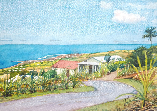 Watercolour of houses with a good view of the ocean, "Cases des hauts avec vue sur l'océan," by William Walkington in 1995.