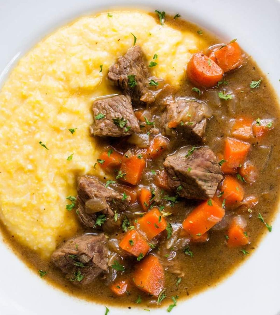 TUSCAN BEEF STEW WITH CHEESY POLENTA