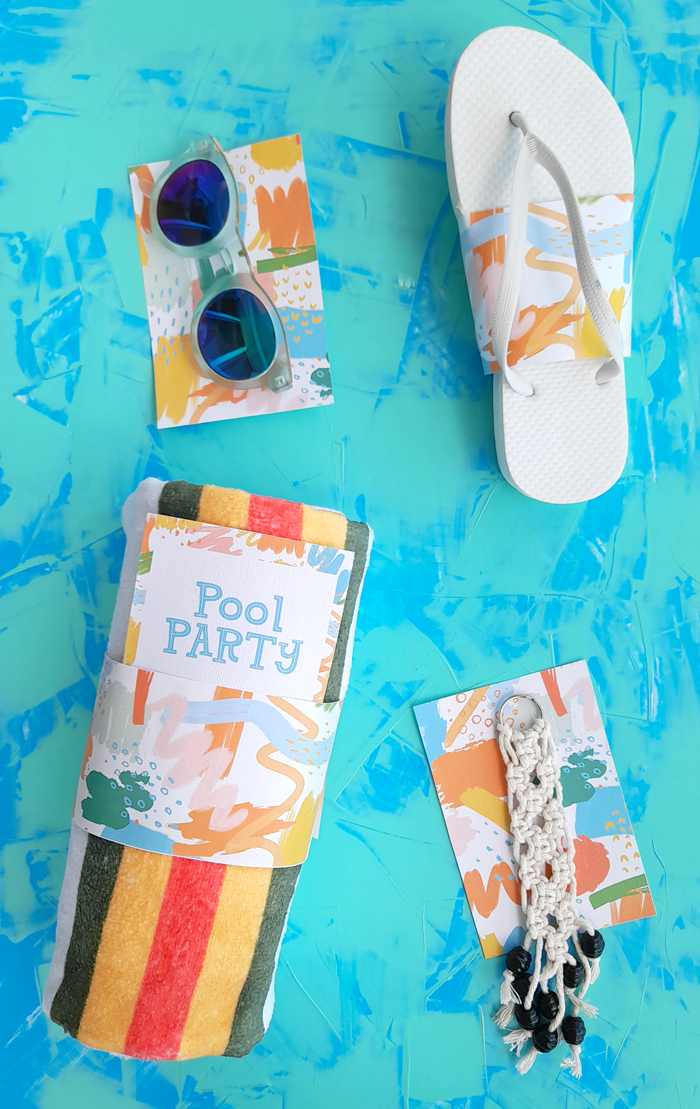 free printable stationery, entertaining, end of summer, tote bag, towel, flip flops, sun glasses, backing cards, belly bands