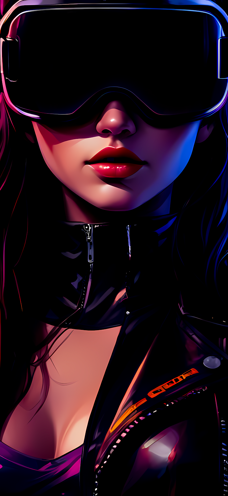 A close-up portrait of a woman wearing a VR headset, with vibrant red and blue lighting.
