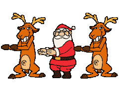 Санта Клаус танцует с оленями.
