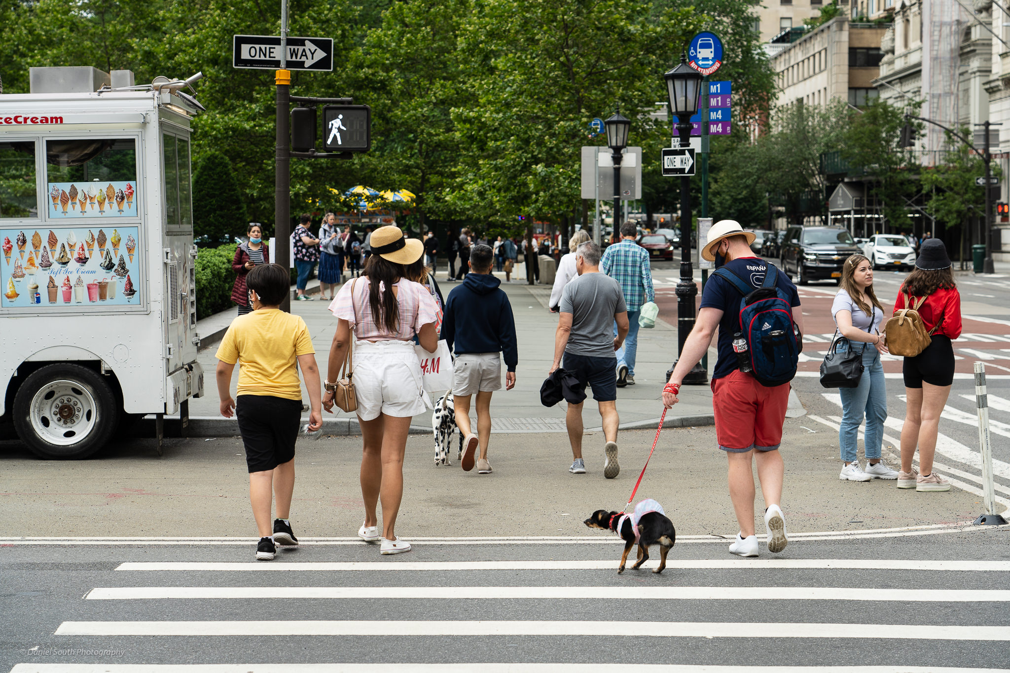 a photo of people and a man walking a dog crossing the street in new york city