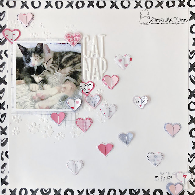 Cat Nap Scrapbook Page by Samantha Mann | Love & Meows Paper Pad, Pawprints Stencil, Circle Frames Die Set and Heart Frames Die Set by Newton's Nook Designs. #newtonsnook