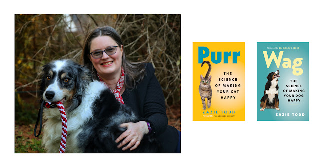 Zazie Todd PhD with her dog Bodger and her two books Wag and Purr