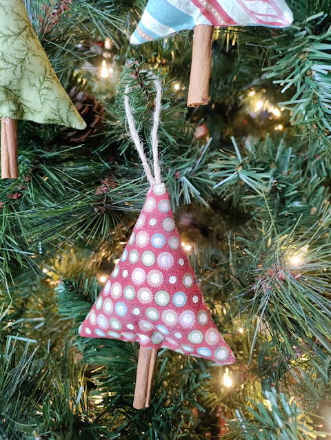 Fabric and cinnamon stick tree Christmas ornaments