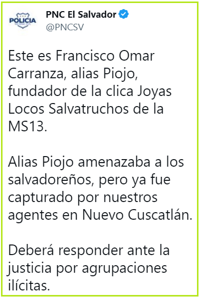 Capturan a alias «Piojo», fundador de la clica Joyas Locos Salvatruchos de la MS13