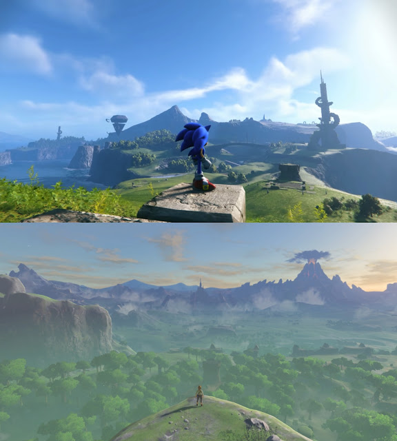 Sonic Frontiers The Legend of Zelda Breath of the Wild comparison standing cliff mountain wideshot