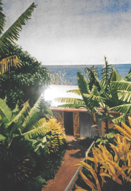 Watercolour of a small metal clad house in a tropical garden with sea view, "Case avec vue sur mer," by William Walkington