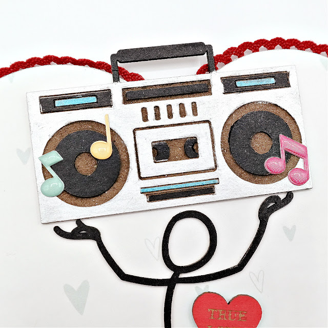 Vintage Boom Box Chipboard Embellishment with Metallic Paint and Enamel Music Note Stickers