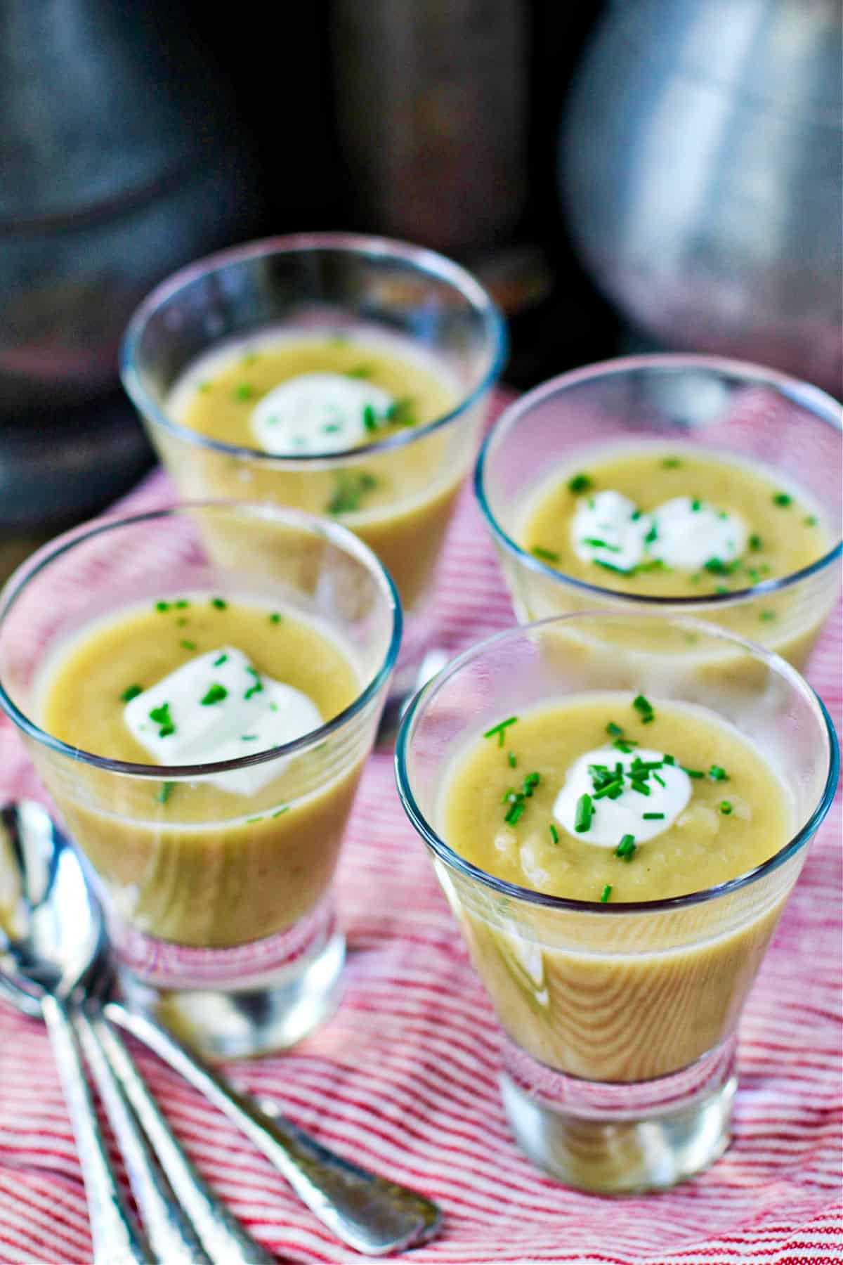 Leek and Celery Root Soup in glasses.