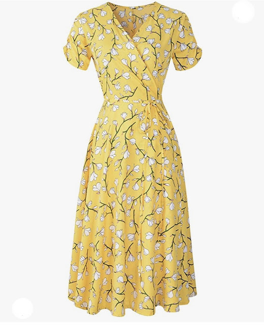 women yellow floral wrap dress