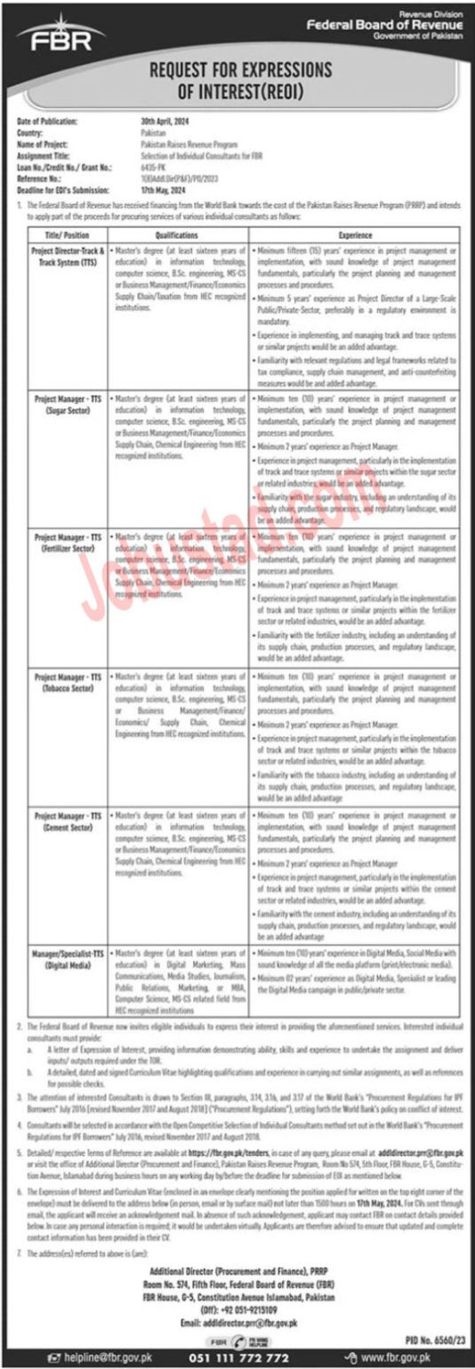 Latest FBR Jobs in Islamabad May 2024