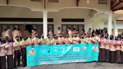  BUPATI BUNGO MENGHADIRI PELEPASAN KONTINGEN KWARTIR CABANG BUNGO, MENGIKUTI KEGIATAN PERKEMAHAN WIRAKARYA NASIONAL JAMBI 2021