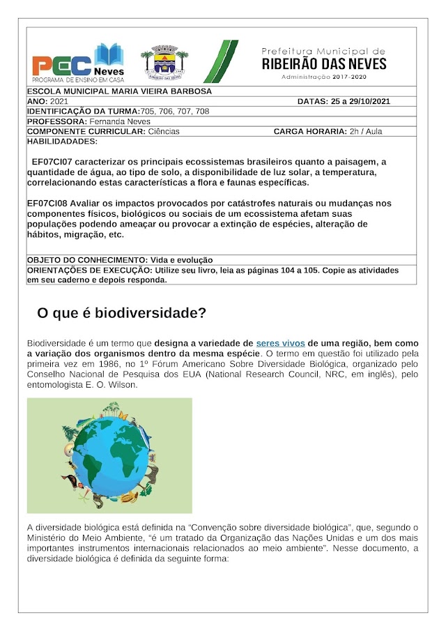 Ciências - Professora: Fernanda Neves - 25/10 a 29/10/2021