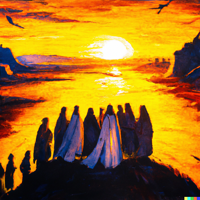 A glorious sunset observed by hooded figures on a mountain top overlooking a bay.