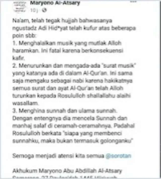 Tuding UAH Kafir karena Pandangannya soal Musik, Pemuda Muhammadyah Buru Maryono al-Atsary