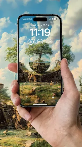 Fantasy landscape with floating islands inside a transparent bubble HD wallpaper for smartphones