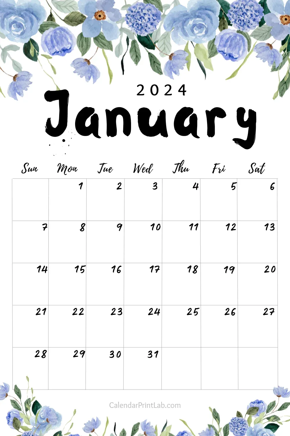 January 2024 Floral Calendar Printable